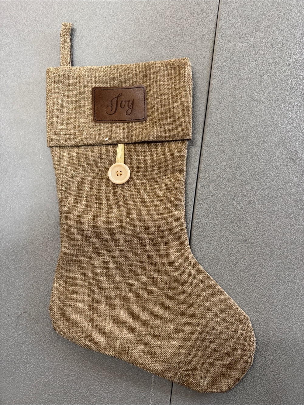Joy Burlap Brown Holiday Stocking by